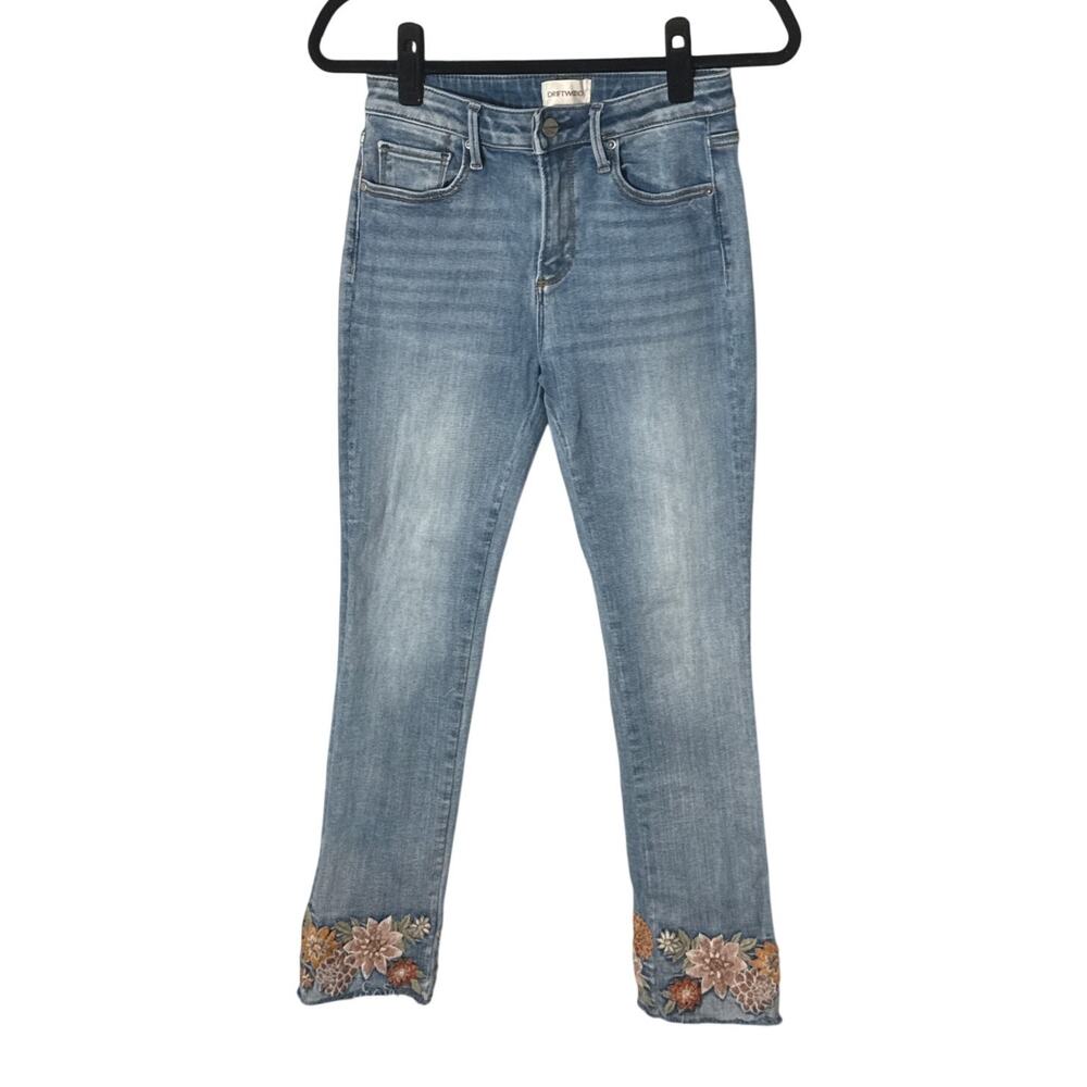 Driftwood Colette Mid Rise Floral Embroidered Hem Straight‎ Leg Jeans Size 26
